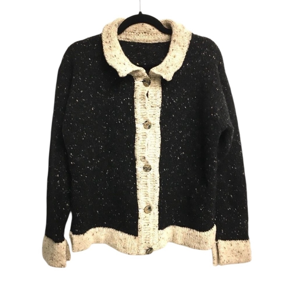 WOOL Ireland Donegal Button Front Cardigan Sweater Black L